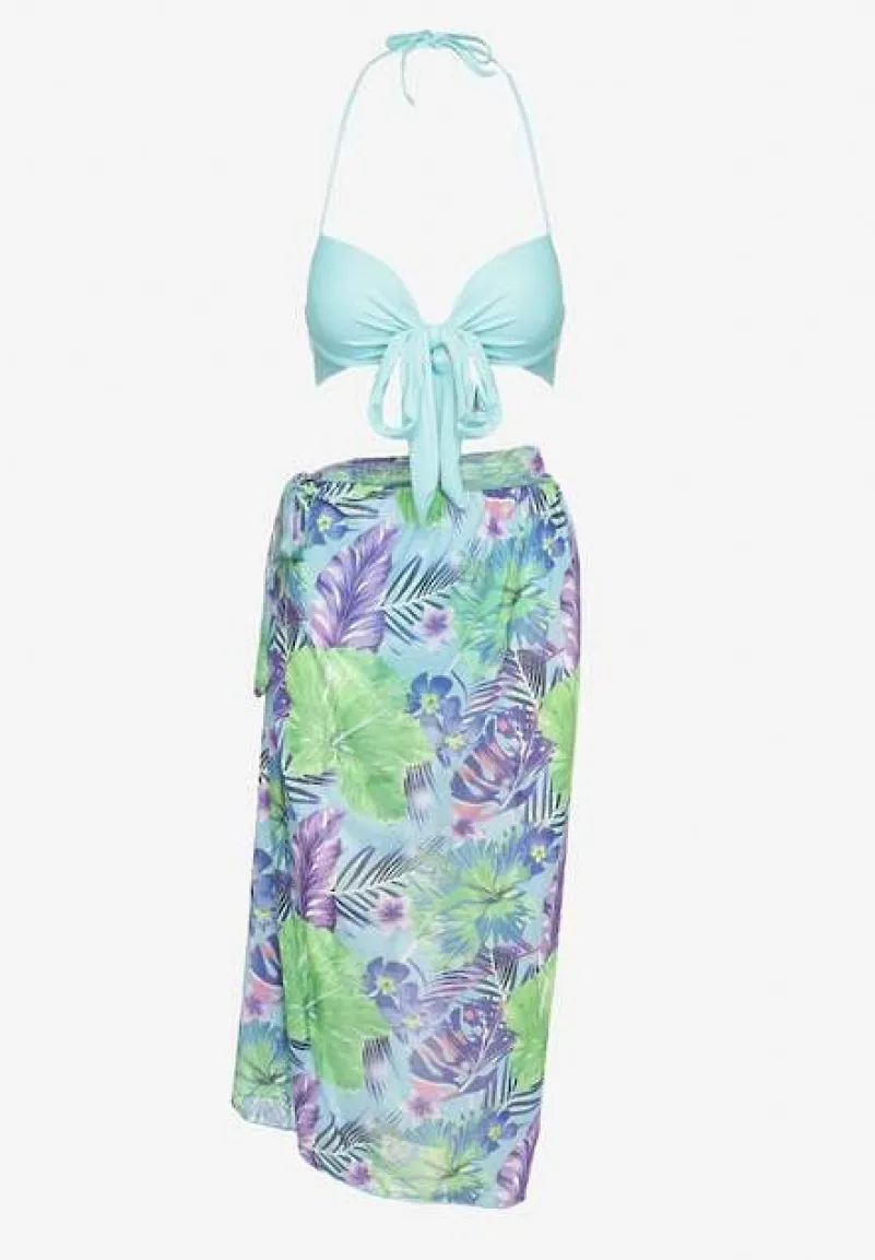 Jasnoniebieskie Bikini Majtki Figi Biustonosz z Wiązaniem i Kwiatowe Pareo Folanira