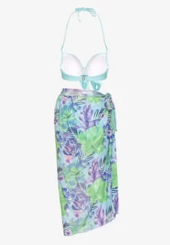 Jasnoniebieskie Bikini Majtki Figi Biustonosz z Wiązaniem i Kwiatowe Pareo Folanira