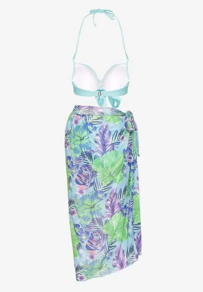 Jasnoniebieskie Bikini Majtki Figi Biustonosz z Wiązaniem i Kwiatowe Pareo Folanira