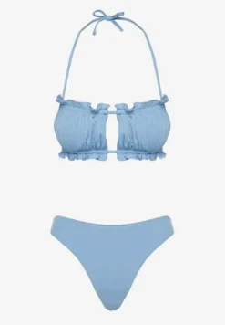 Jasnoniebieskie Bikini Majtki Figi Biustonosz z Wiązaniem Ozdobiony Marszczeniem Folinira