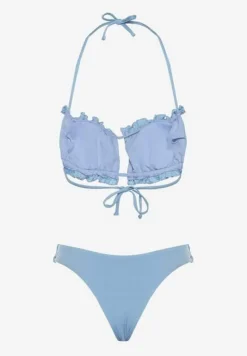 Jasnoniebieskie Bikini Majtki Figi Biustonosz z Wiązaniem Ozdobiony Marszczeniem Folinira