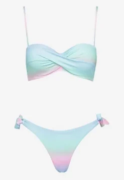 Jasnoniebieskie Bikini Majtki Typu Figi i Biustonosz z Marszczeniem w Geometryczny Wzór Kinnira