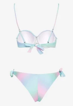 Jasnoniebieskie Bikini Majtki Typu Figi i Biustonosz z Marszczeniem w Geometryczny Wzór Kinnira