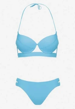 Jasnoniebieskie Bikini Majtki Figi z Wycięciami i Biustonosz z Ozdobnymi Paskami Kinalana