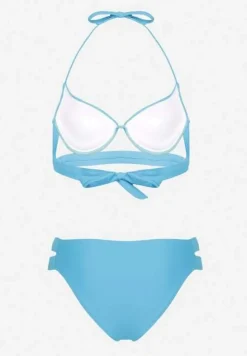Jasnoniebieskie Bikini Majtki Figi z Wycięciami i Biustonosz z Ozdobnymi Paskami Kinalana