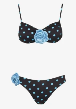 Jasnoniebieskie Bikini w Grochy z Kwiatowymi Aplikacjami Biustonosz i Figi Loritia