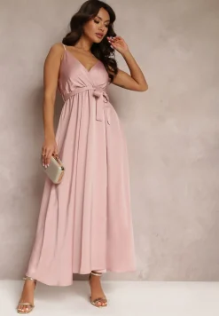 Jasnoróżowa Koktajlowa Sukienka z Gumką w Pasie na Regulowanych Ramiączkach Anajane