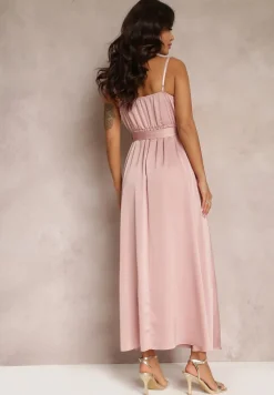 Jasnoróżowa Koktajlowa Sukienka z Gumką w Pasie na Regulowanych Ramiączkach Anajane