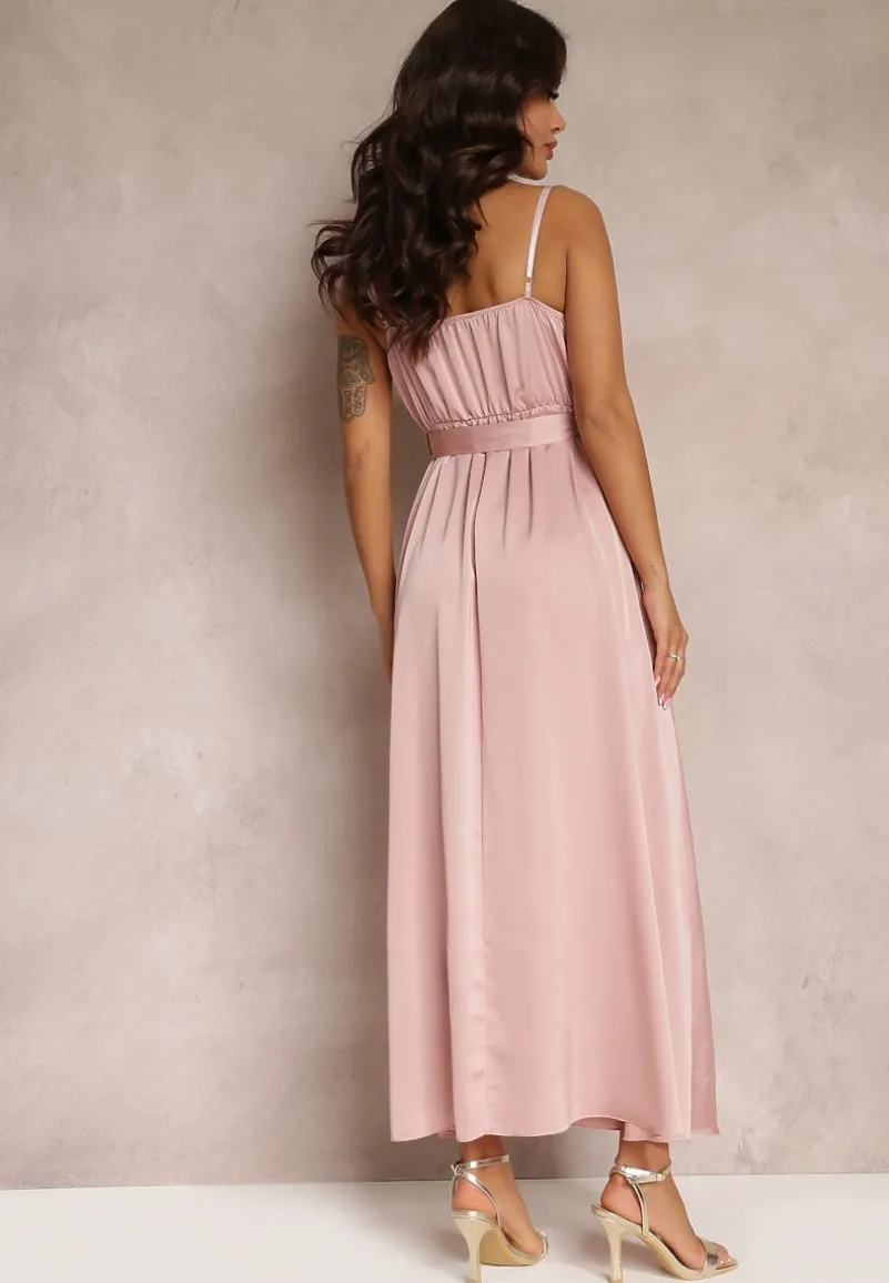 Jasnoróżowa Koktajlowa Sukienka z Gumką w Pasie na Regulowanych Ramiączkach Anajane