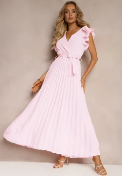 Jasnoróżowa Kopertowa Sukienka z Gumką w Pasie i Materiałowym Paskiem Ozdobiona Falbankami Tiamatalia