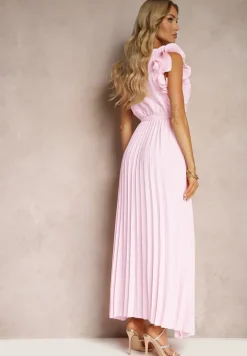 Jasnoróżowa Kopertowa Sukienka z Gumką w Pasie i Materiałowym Paskiem Ozdobiona Falbankami Tiamatalia