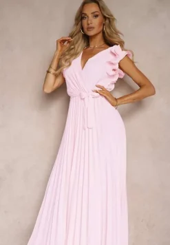 Jasnoróżowa Kopertowa Sukienka z Gumką w Pasie i Materiałowym Paskiem Ozdobiona Falbankami Tiamatalia