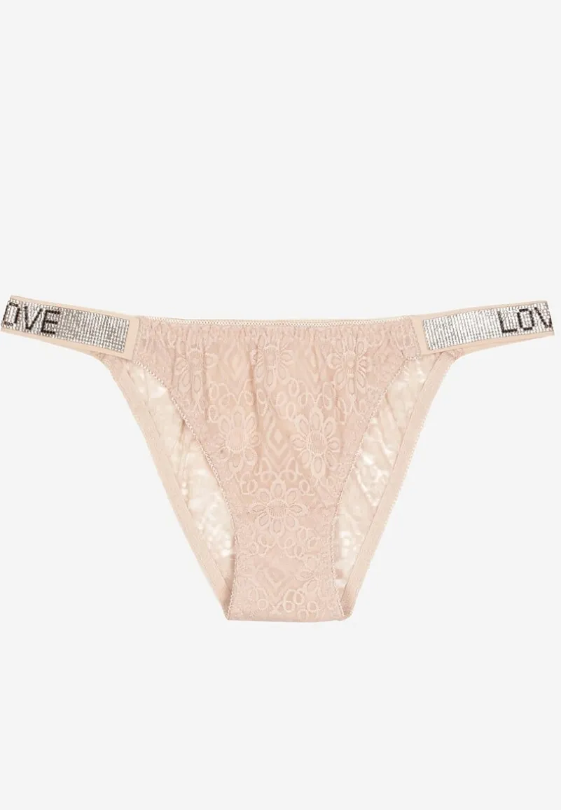 Jasnoróżowe Bawełniane Majtki Figi z Koronki Ozdobione Cyrkoniami Elenivia