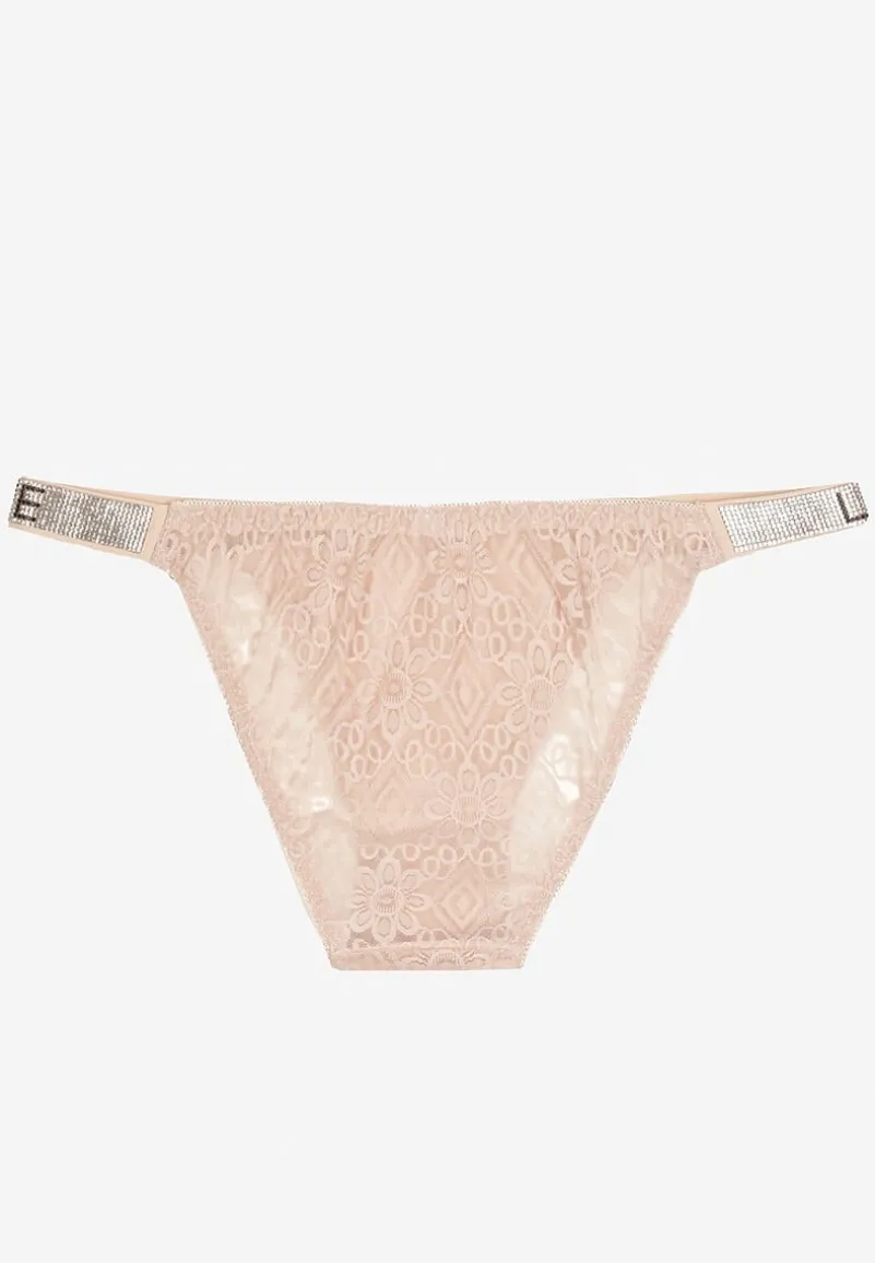 Jasnoróżowe Bawełniane Majtki Figi z Koronki Ozdobione Cyrkoniami Elenivia