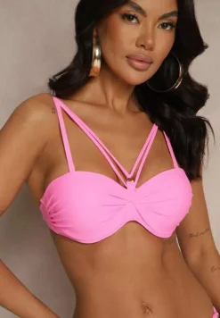 Jasnoróżowe Bikini Majtki Typu Figi i Biustonosz z Ozdobnymi Paskami Fadelinna
