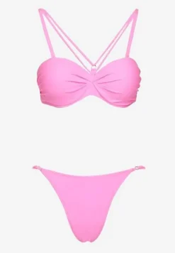 Jasnoróżowe Bikini Majtki Typu Figi i Biustonosz z Ozdobnymi Paskami Fadelinna