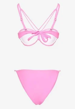 Jasnoróżowe Bikini Majtki Typu Figi i Biustonosz z Ozdobnymi Paskami Fadelinna