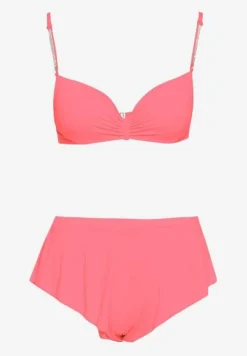 Jasnoróżowe Bikini Usztywniany Biustonosz z Cyrkoniami i Spodenki Kąpielowe Wykończone Gumką w Pasie Rilamia