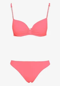 Jasnoróżowe Bikini Usztywniany Biustonosz z Cyrkoniami i Spodenki Kąpielowe Wykończone Gumką w Pasie Rilamia