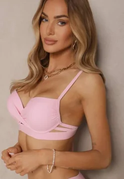 Jasnoróżowe Bikini z Ozdobnymi Wycięciami Wiązany Biustonosz i Majtki Figi Kinessa