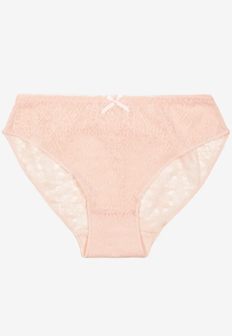 Jasnoróżowe Koronkowe Majtki Typu Figi z Ozdobną Kokardką Nilwia