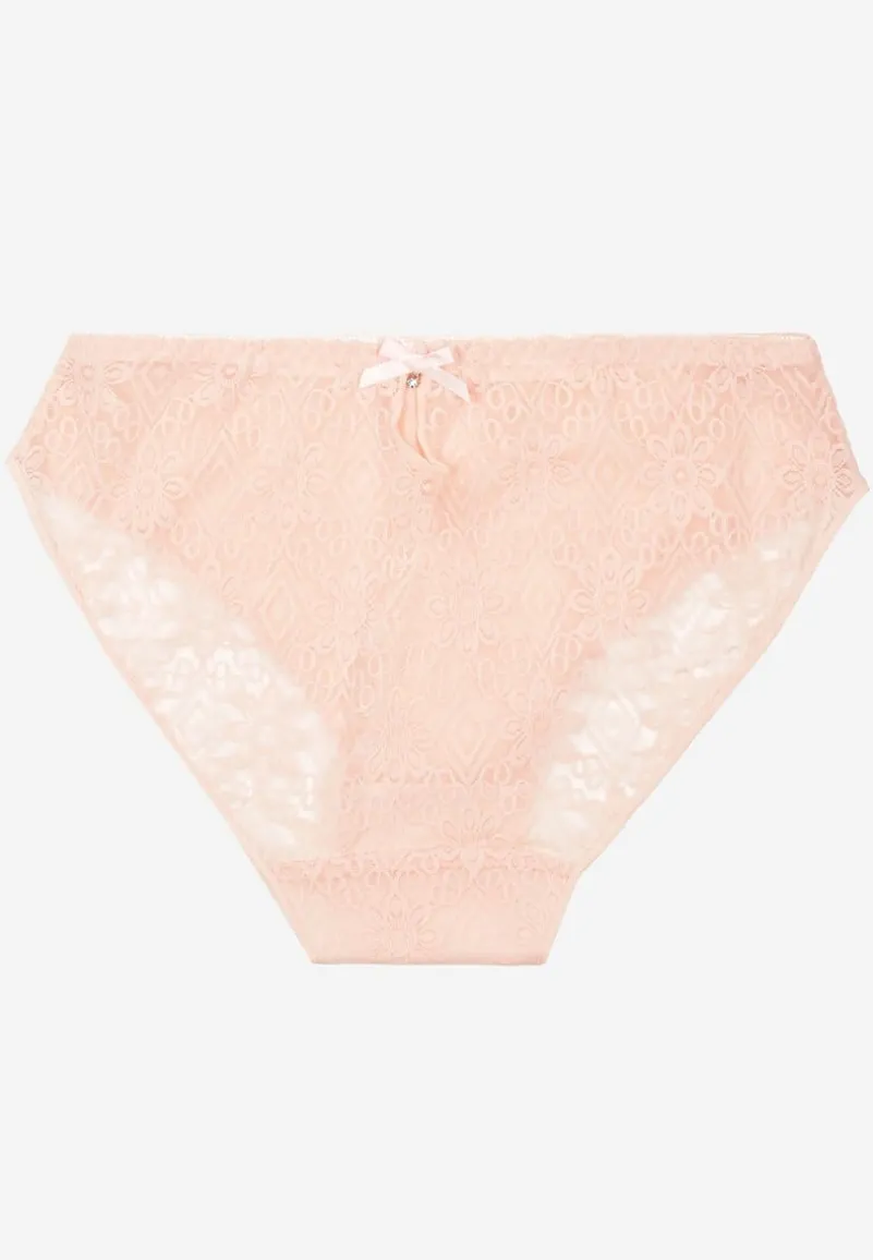 Jasnoróżowe Koronkowe Majtki Typu Figi z Ozdobną Kokardką Nilwia