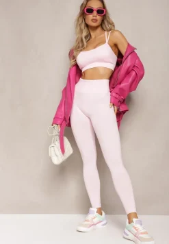 Jasnoróżowy Elastyczny Komplet Fitness Usztywniany Biustonosz i Legginsy z Gumką Orbinra