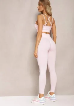 Jasnoróżowy Elastyczny Komplet Fitness Usztywniany Biustonosz i Legginsy z Gumką Orbinra
