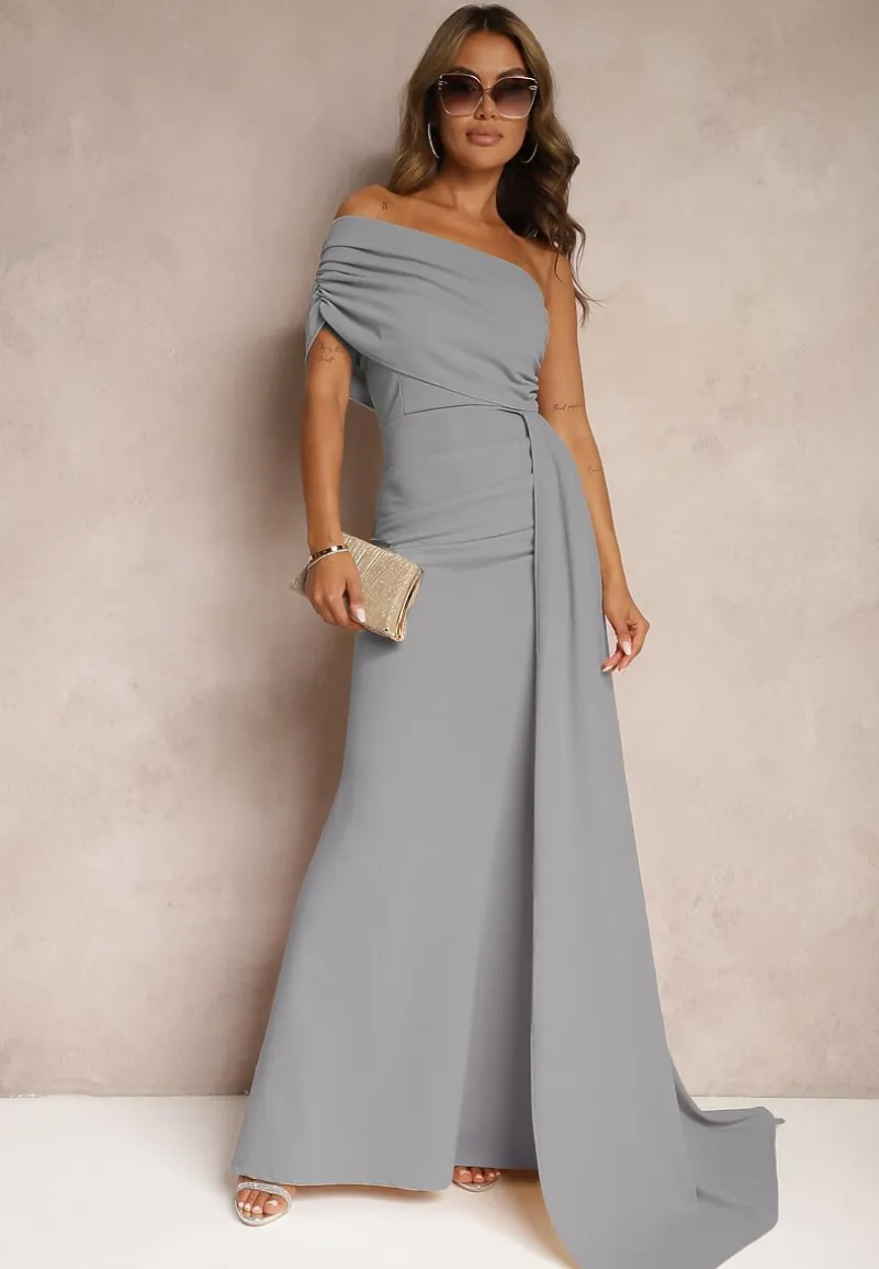 Jasnoszara Sukienka Maxi bez Ramiączek z Ozdobnym Trenem i Marszczeniem Kaliel