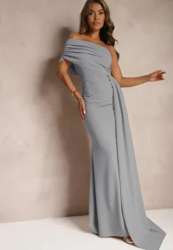 Jasnoszara Sukienka Maxi bez Ramiączek z Ozdobnym Trenem i Marszczeniem Kaliel
