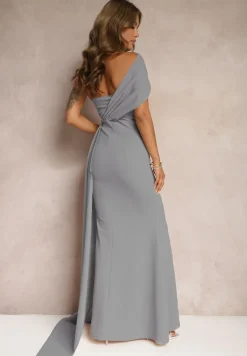 Jasnoszara Sukienka Maxi bez Ramiączek z Ozdobnym Trenem i Marszczeniem Kaliel