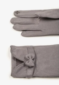 Jasnoszare Rękawiczki Dzianinowe z Bawełną Ozdobione Kokardą Tessemi