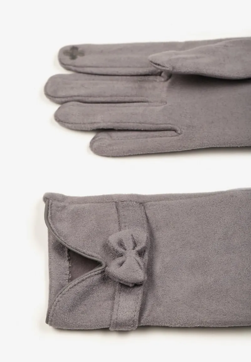 Jasnoszare Rękawiczki Dzianinowe z Bawełną Ozdobione Kokardą Tessemi