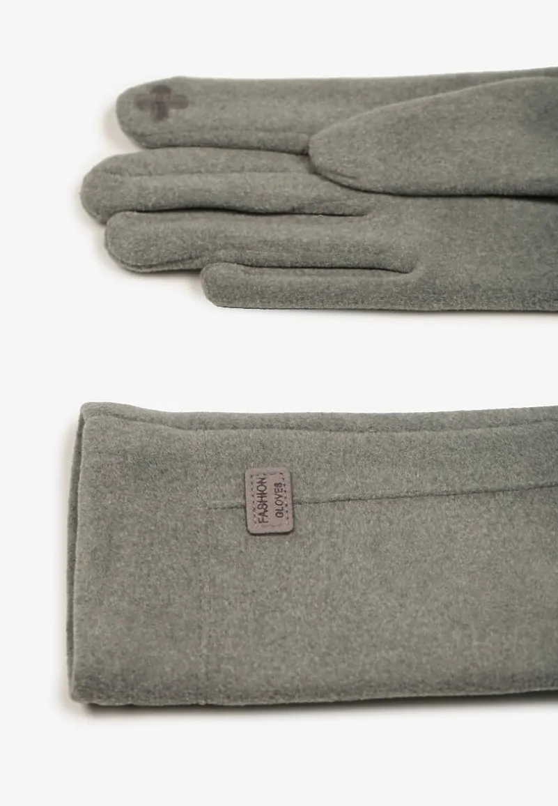 Jasnoszare Rękawiczki Zimowe z Bawełną Ozdobione Aplikacją Gralemi