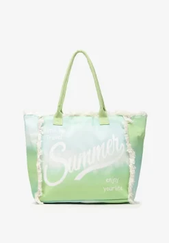 Jasnozielona Duża Torebka Tote z Dwoma Uchwytami Napisami i Krótkimi Frędzlami Geminisa