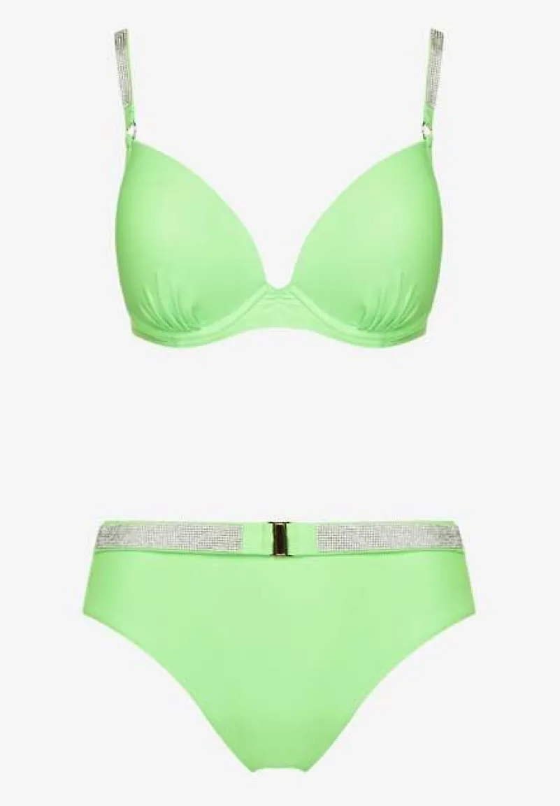 Jasnozielone Bikini Majtki Figi i Biustonosz z Cyrkoniami Tenumela