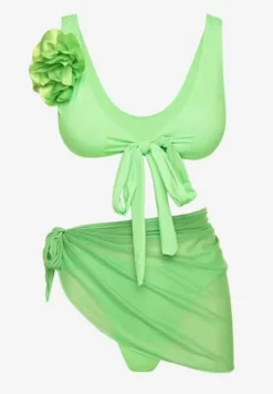 Jasnozielone Bikini Majtki Figi Biustonosz z Broszką Kwiatu 3D i Siateczkowe Pareo Folissa