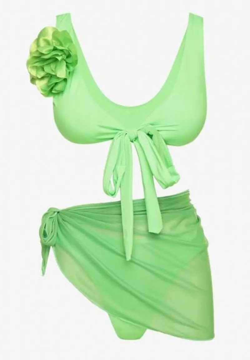 Jasnozielone Bikini Majtki Figi Biustonosz z Broszką Kwiatu 3D i Siateczkowe Pareo Folissa