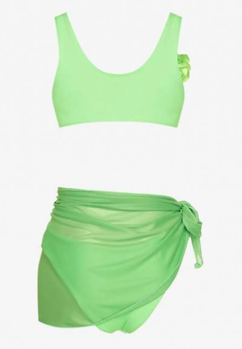 Jasnozielone Bikini Majtki Figi Biustonosz z Broszką Kwiatu 3D i Siateczkowe Pareo Folissa