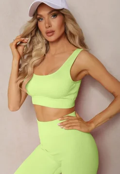 Jasnozielony Prążkowany Biustonosz Sportowy z Elastycznego Materiału Blunemia