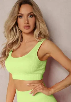 Jasnozielony Prążkowany Biustonosz Sportowy z Elastycznego Materiału Blunemia