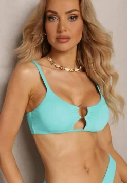 Miętowe Bikini Nieodpinany Biustonosz z Usztywnianymi Miseczkami i Klamerką przy Dekolcie na Regulowanych Ramiączkach Majtki z Elastyczną Gumką w Pasie Kiaramarie
