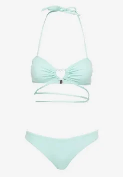 Miętowe Dwuczęściowe Bikini Wiązane na Szyi z Głębokim Wycięciem Magdalena