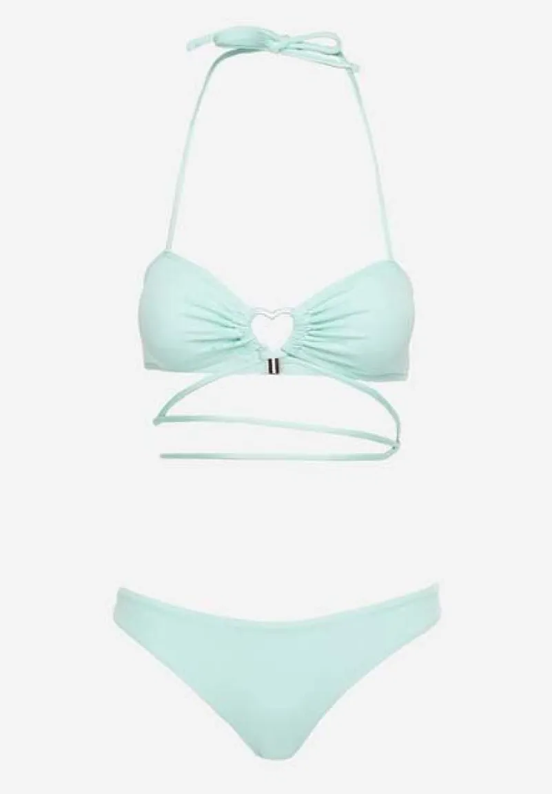 Miętowe Dwuczęściowe Bikini Wiązane na Szyi z Głębokim Wycięciem Magdalena
