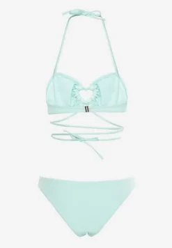 Miętowe Dwuczęściowe Bikini Wiązane na Szyi z Głębokim Wycięciem Magdalena