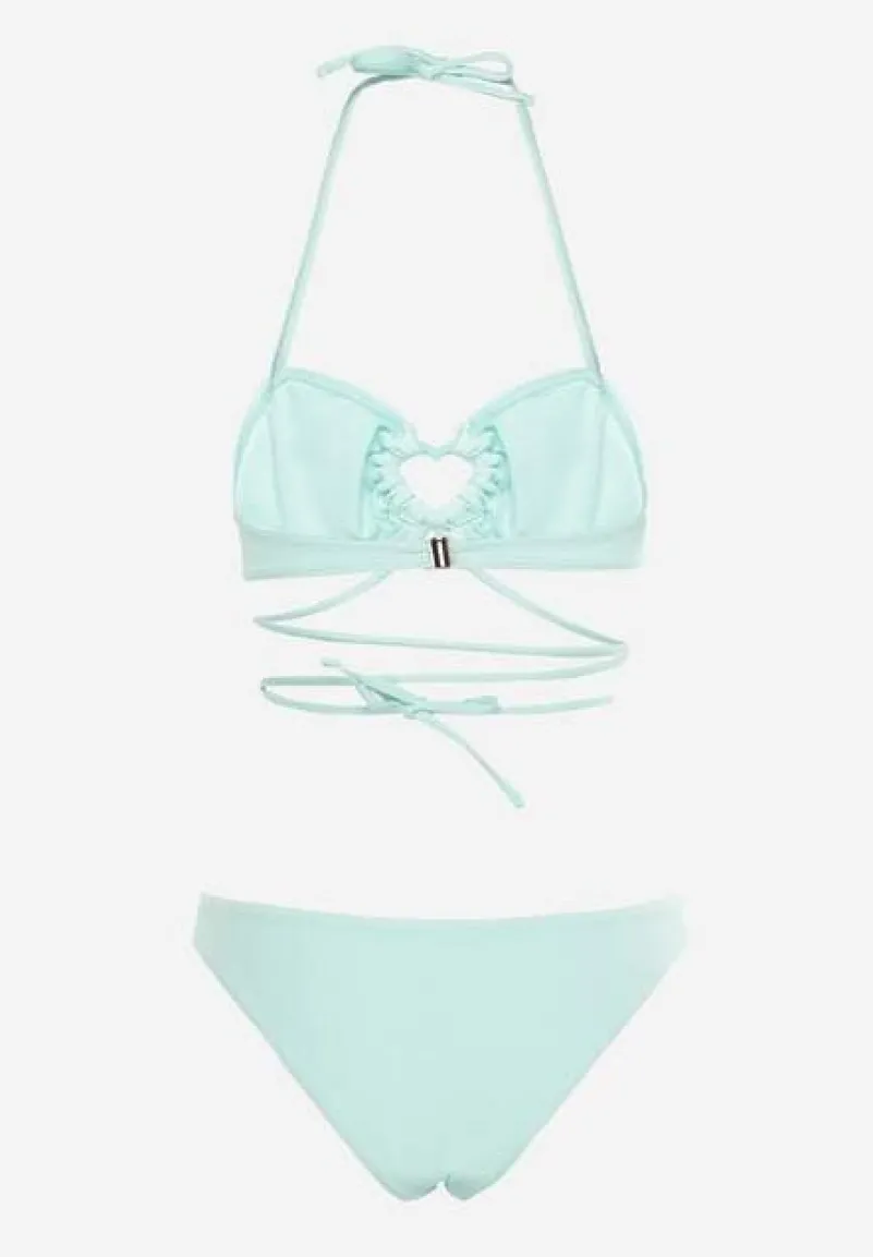 Miętowe Dwuczęściowe Bikini Wiązane na Szyi z Głębokim Wycięciem Magdalena