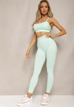 Miętowy Elastyczny Komplet Fitness Usztywniany Biustonosz i Legginsy z Gumką Orbinra