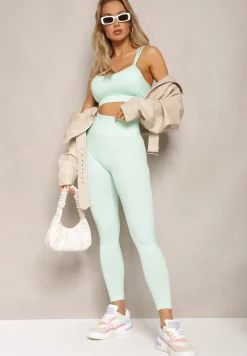 Miętowy Elastyczny Komplet Fitness Usztywniany Biustonosz i Legginsy z Gumką Orbinra