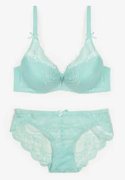 Miętowy Komplet Koronkowy z Kokardkami Majtki typu Figi i Biustonosz Full Cup Iriniues