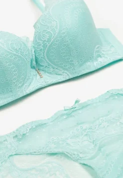 Miętowy Komplet Koronkowy z Kokardkami Majtki typu Figi i Biustonosz Full Cup Iriniues